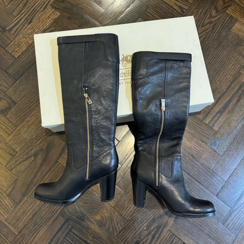 Coach Black Heeled Boots with Gold Zipper